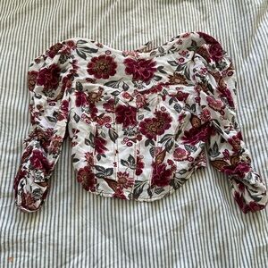 So Corset Crop Top Floral Open Back High Neck 3/4 Sleeve Ruched Size CS